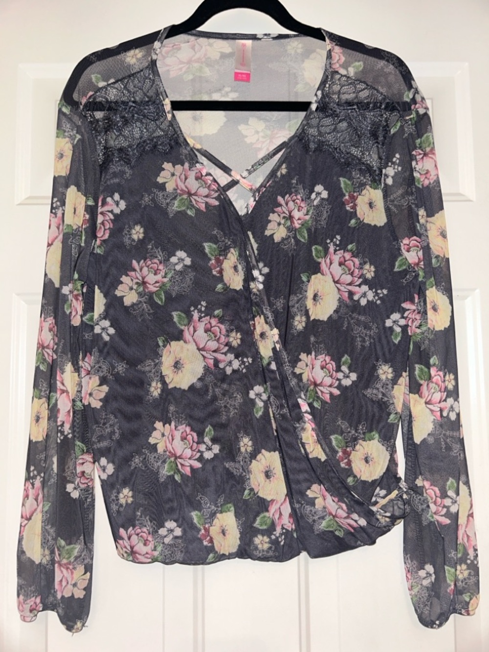 Floral Mesh Wrap Top XL Charcoal Lace Sheer Sleeve/Back Romantic Feminine